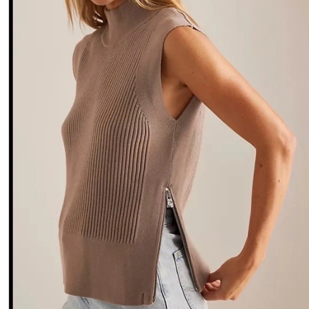 Varley Lois High Neck Tank Taupe Ribbed Knit Sleeveless Sweater Size Small NWOT